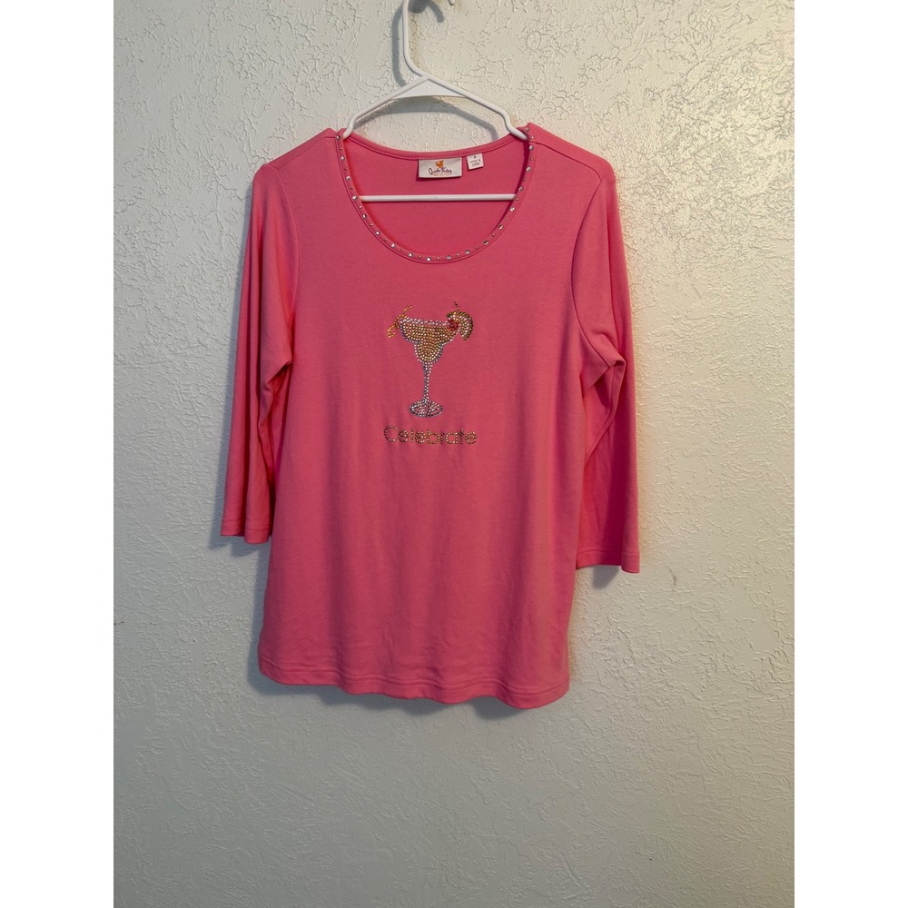 Quacker Factory Pink Rhinestone Margarita Celebrate Top Small 3/4 Sleeve Cotton